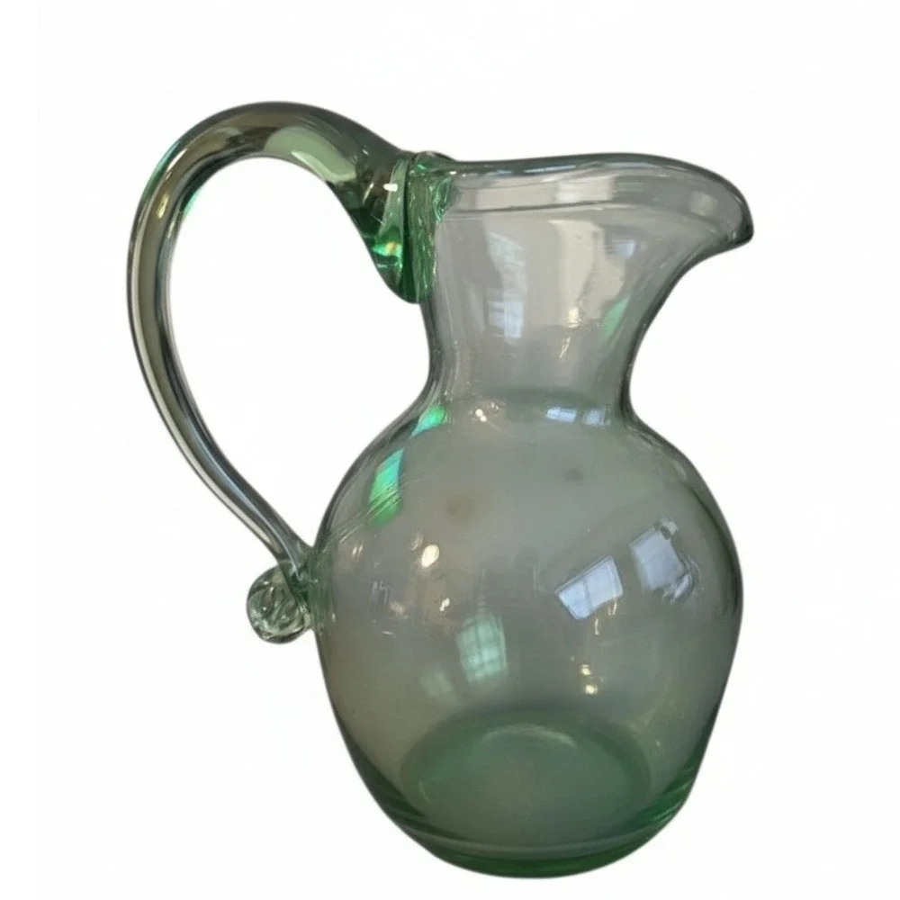 Hand Blown Green Glass‎ Pitcher Small Water Juice Vase Decor